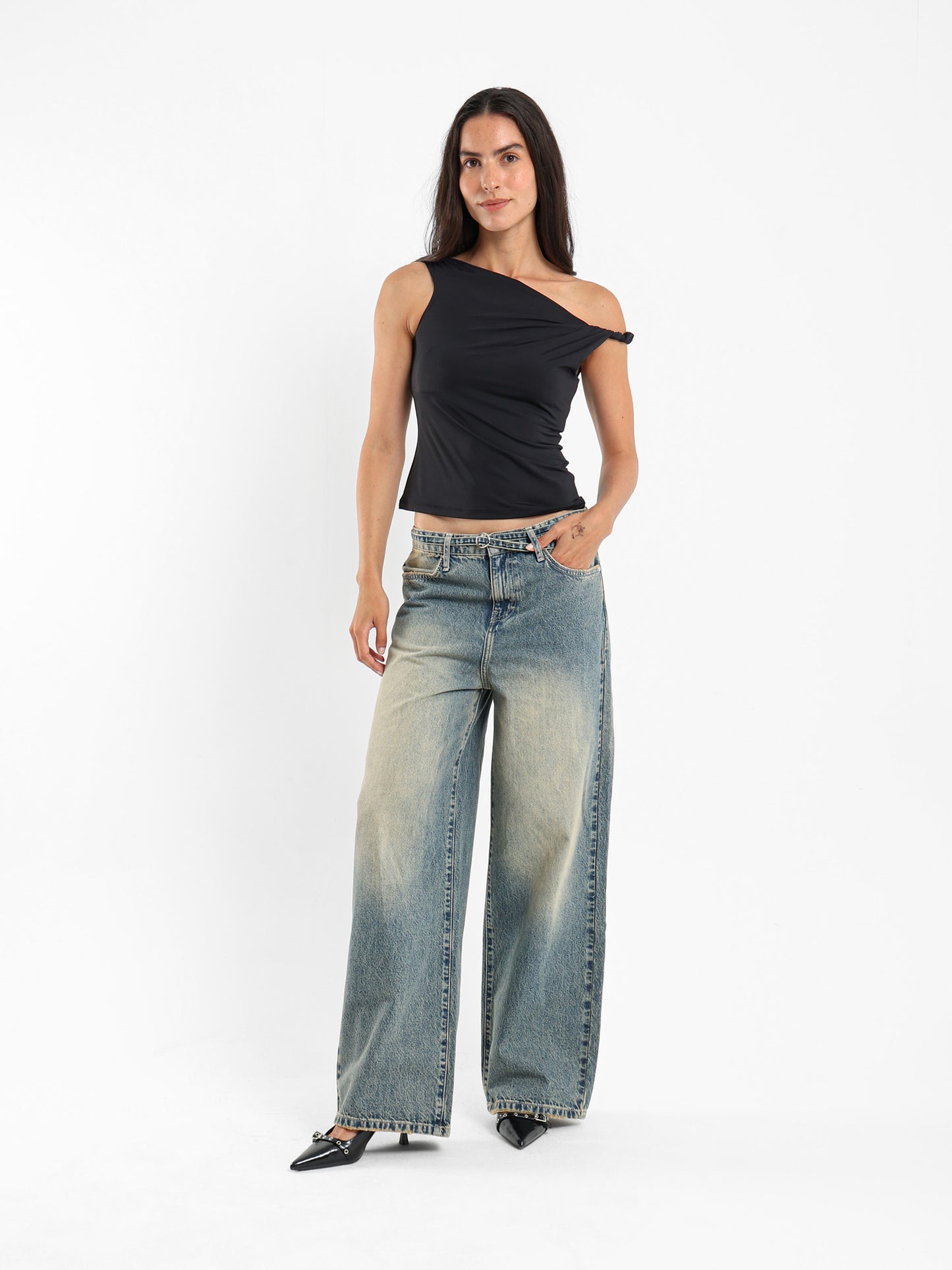 Asymmetric One-Shoulder Tie Detail Top