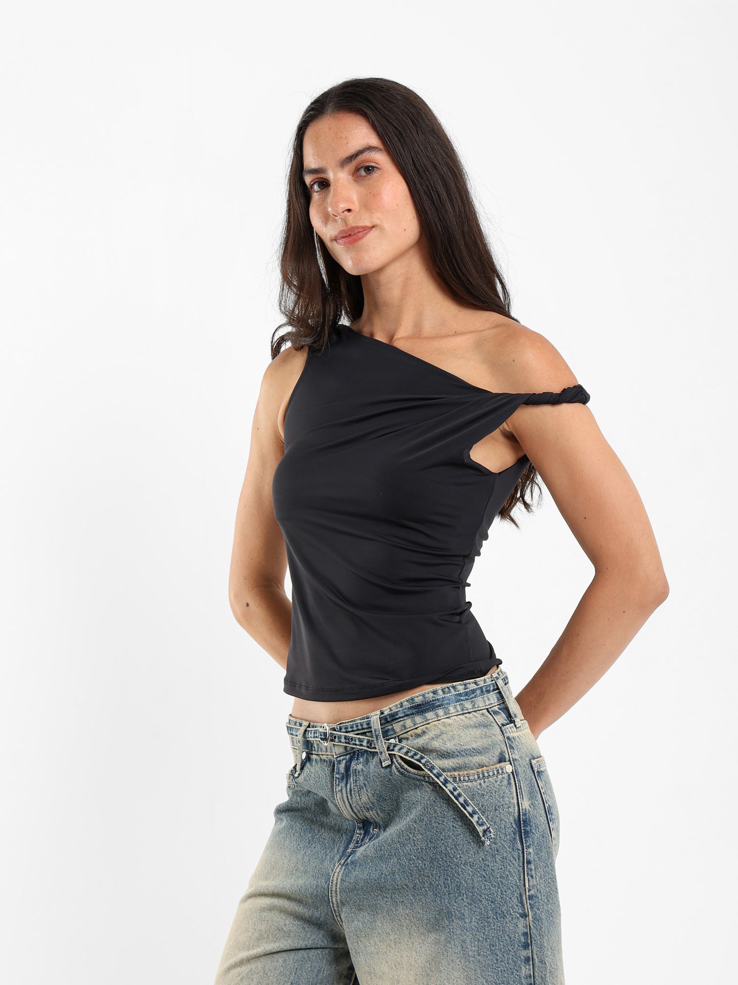 Asymmetric One-Shoulder Tie Detail Top