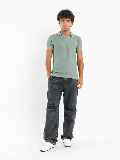Wide Rib Knit Camp Collar Polo