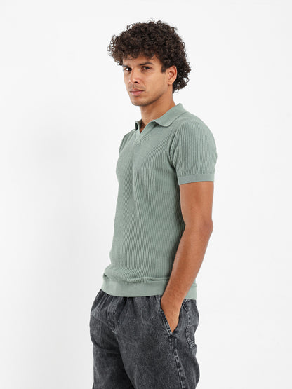 Wide Rib Knit Camp Collar Polo