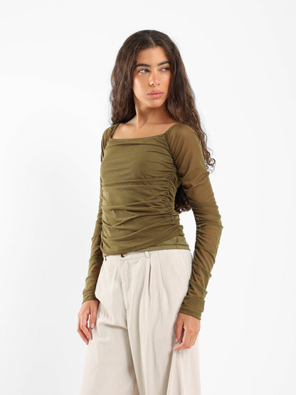 Off-Shoulder Long Sleeve Mesh Top