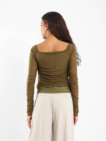 Off-Shoulder Long Sleeve Mesh Top