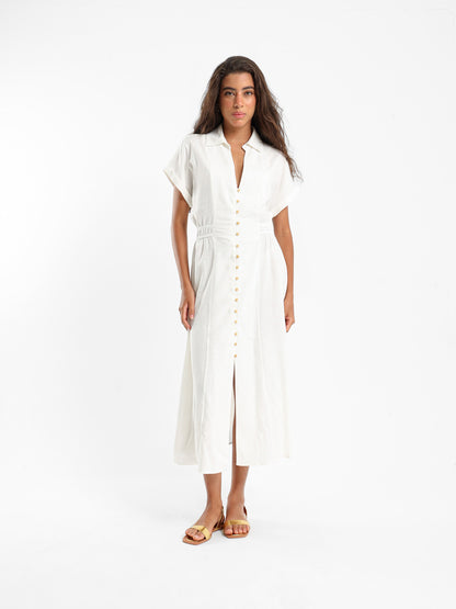 Linen Midi Length Dress With Front Buttons