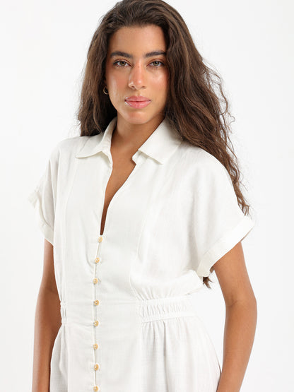 Linen Midi Length Dress With Front Buttons
