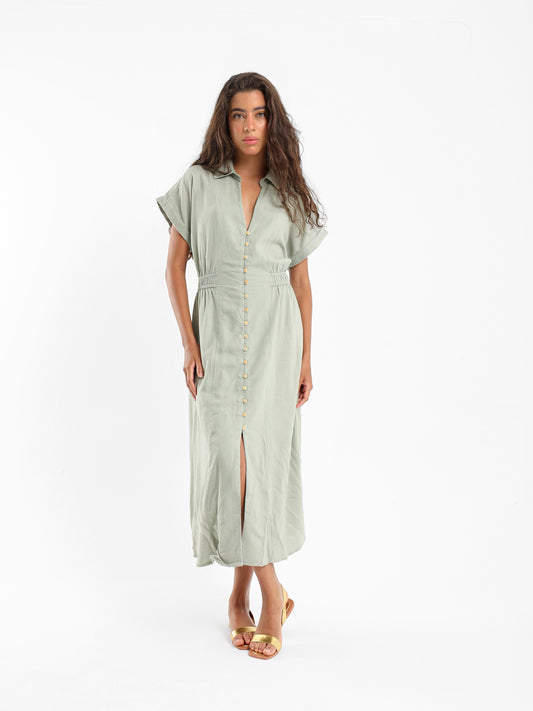Linen Midi Length Dress With Front Buttons