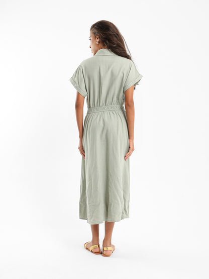 Linen Midi Length Dress With Front Buttons