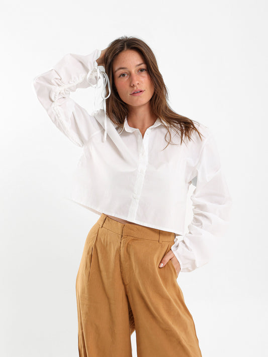 Cropped Shirt With Drawstring Sleeves