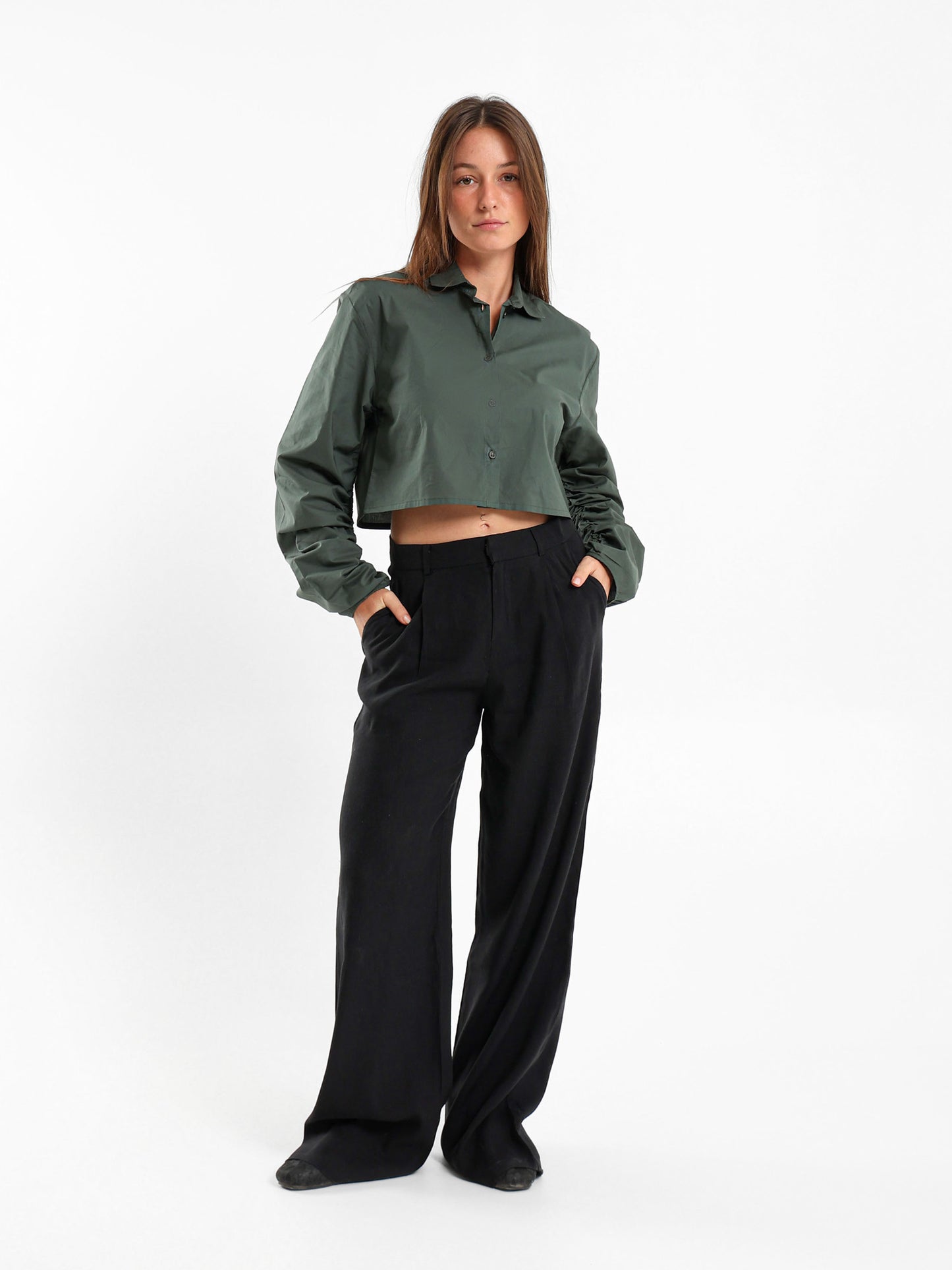 Cropped Shirt With Drawstring Sleeves