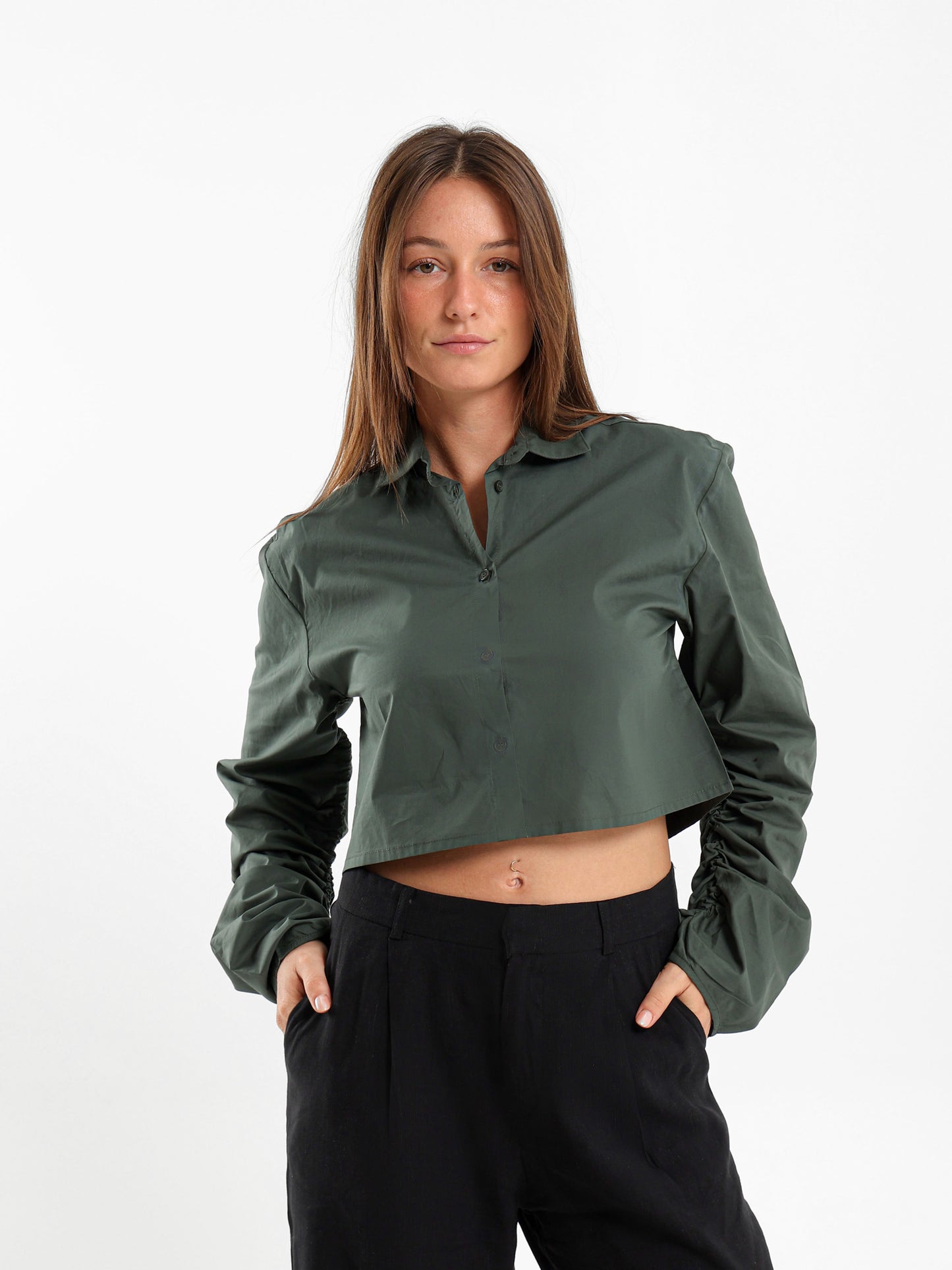 Cropped Shirt With Drawstring Sleeves