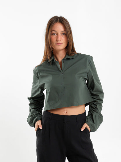 Cropped Shirt With Drawstring Sleeves