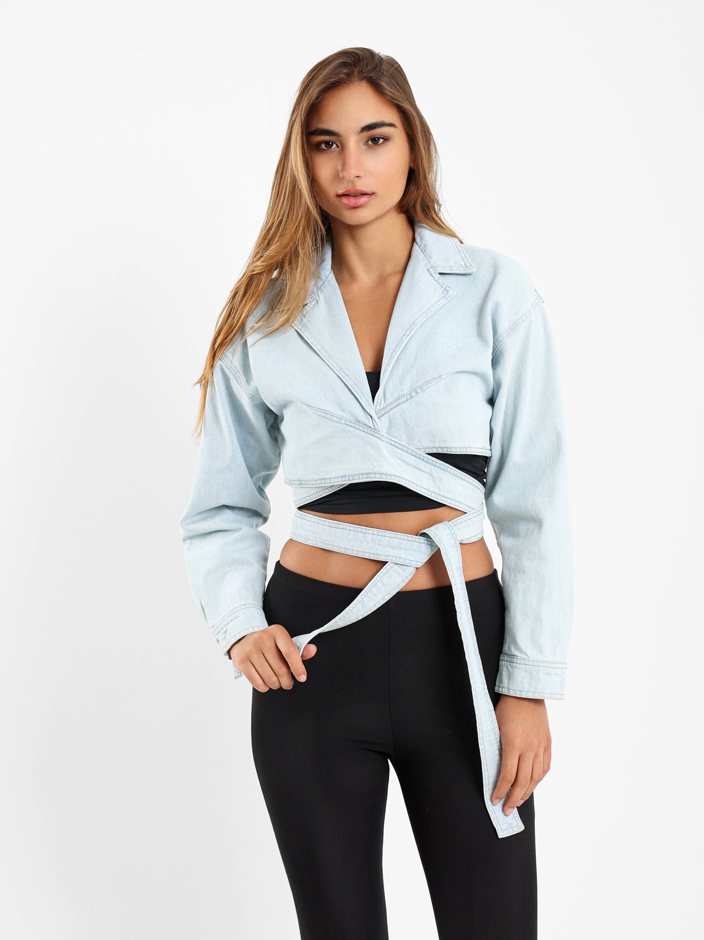 Cropped Wrap Around Denim Jacket