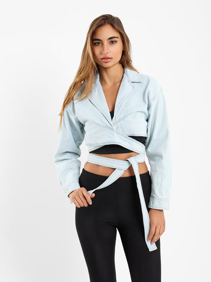 Cropped Wrap Around Denim Jacket