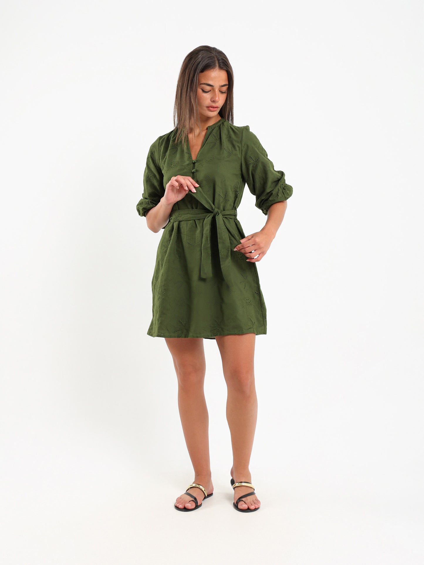 V-Neck Balloon Sleeve Short Dress