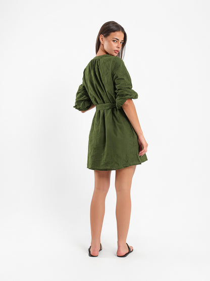 V-Neck Balloon Sleeve Short Dress