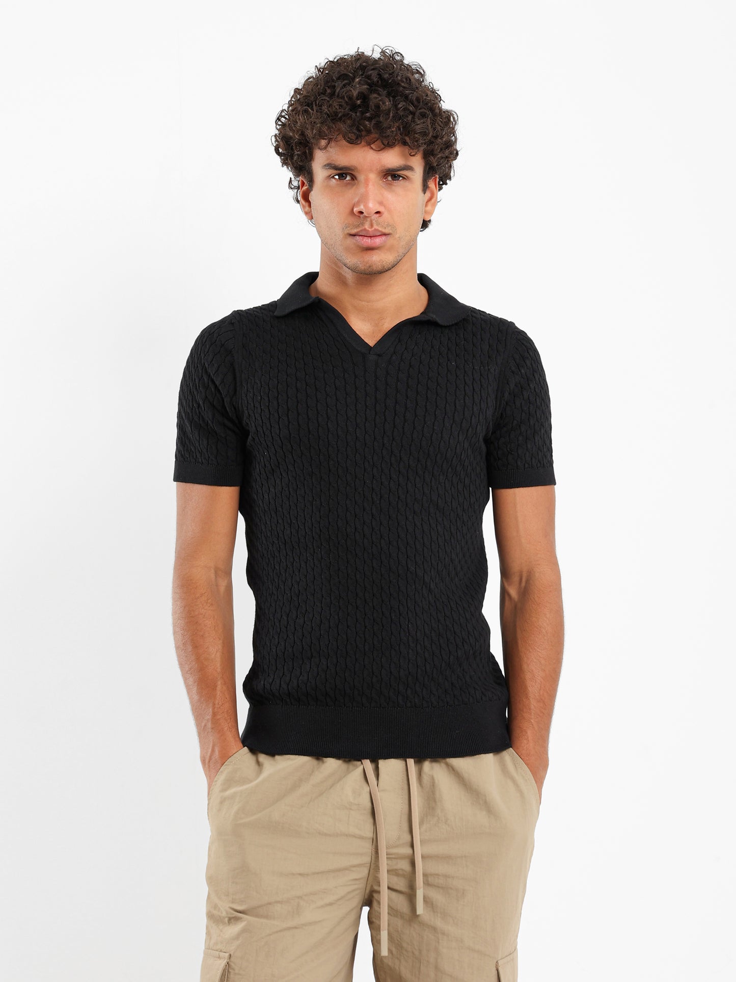 Relaxed Fit Cable Knit Camp Polo