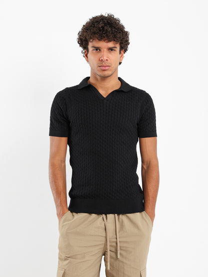 Relaxed Fit Cable Knit Camp Polo