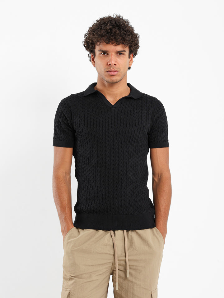 Relaxed Fit Cable Knit Camp Polo