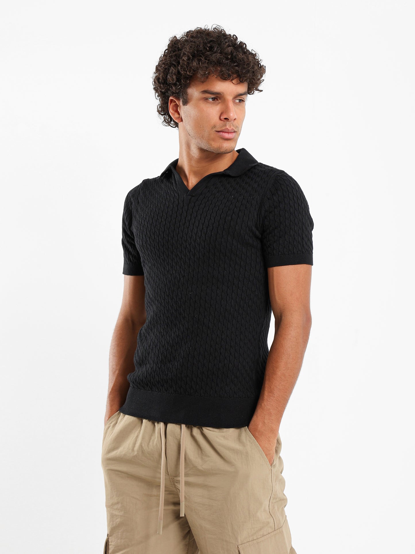 Relaxed Fit Cable Knit Camp Polo
