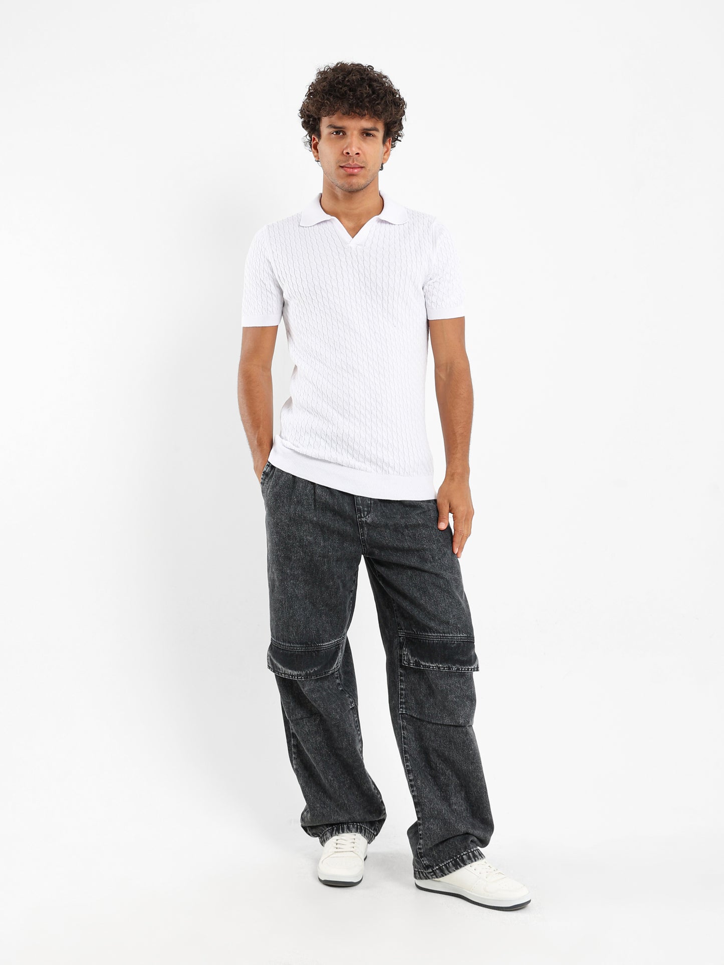 Relaxed Fit Cable Knit Camp Polo