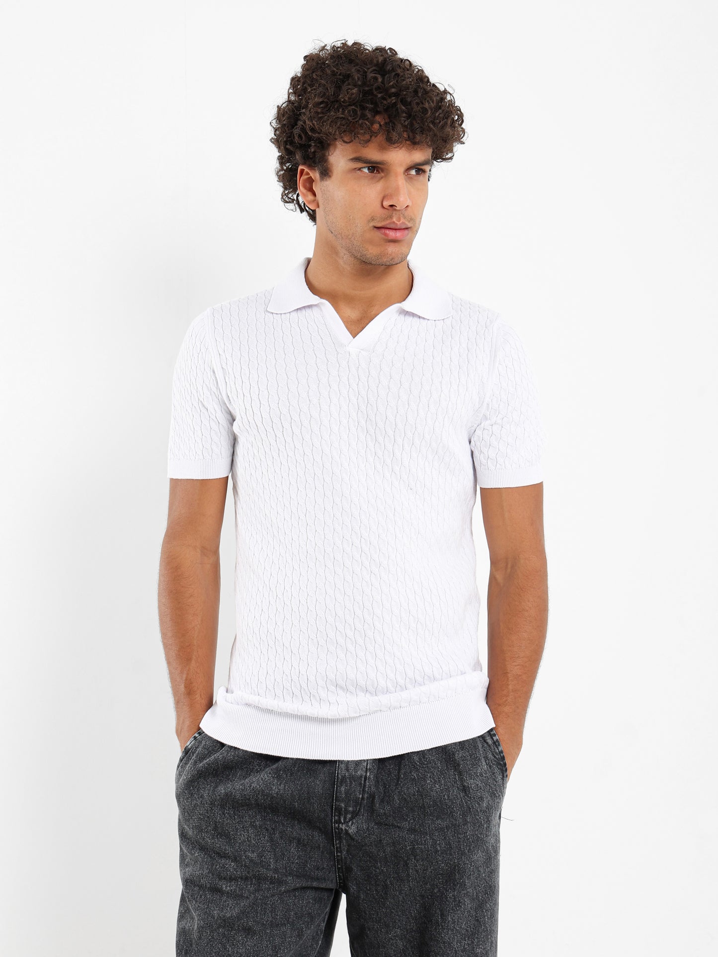 Relaxed Fit Cable Knit Camp Polo