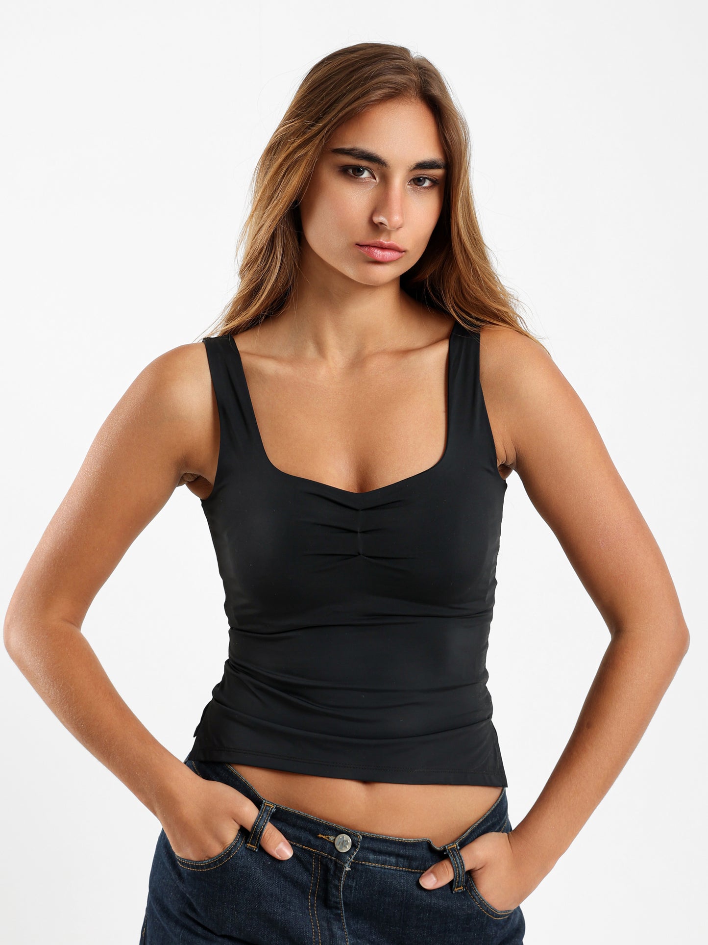 Rushed Front Scoop Neck Tank Top
