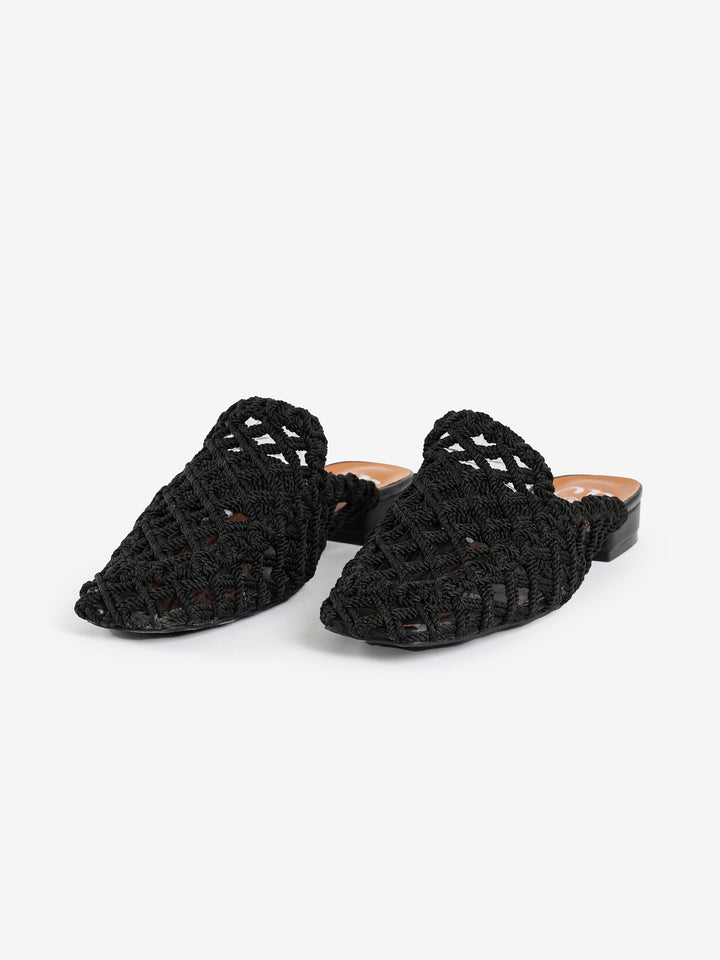 Woven Pointed-Toe Flat Mules