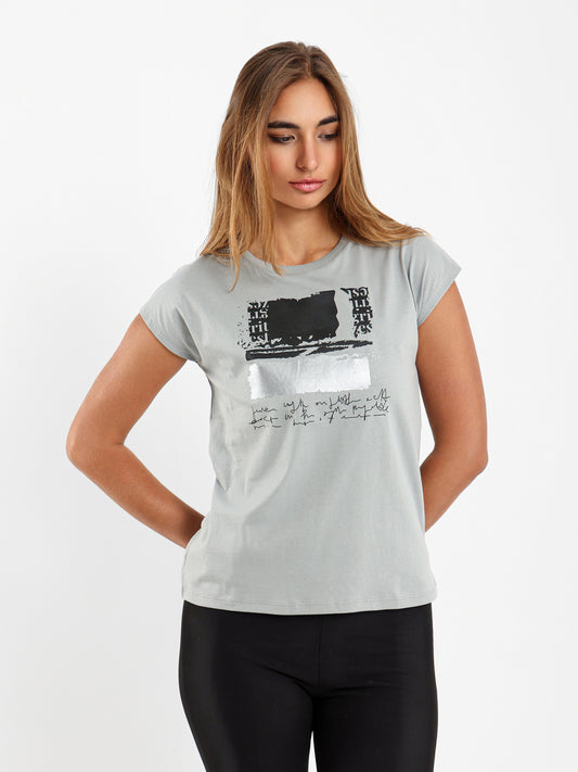 Foil Printed Cap Sleeve T-Shirt