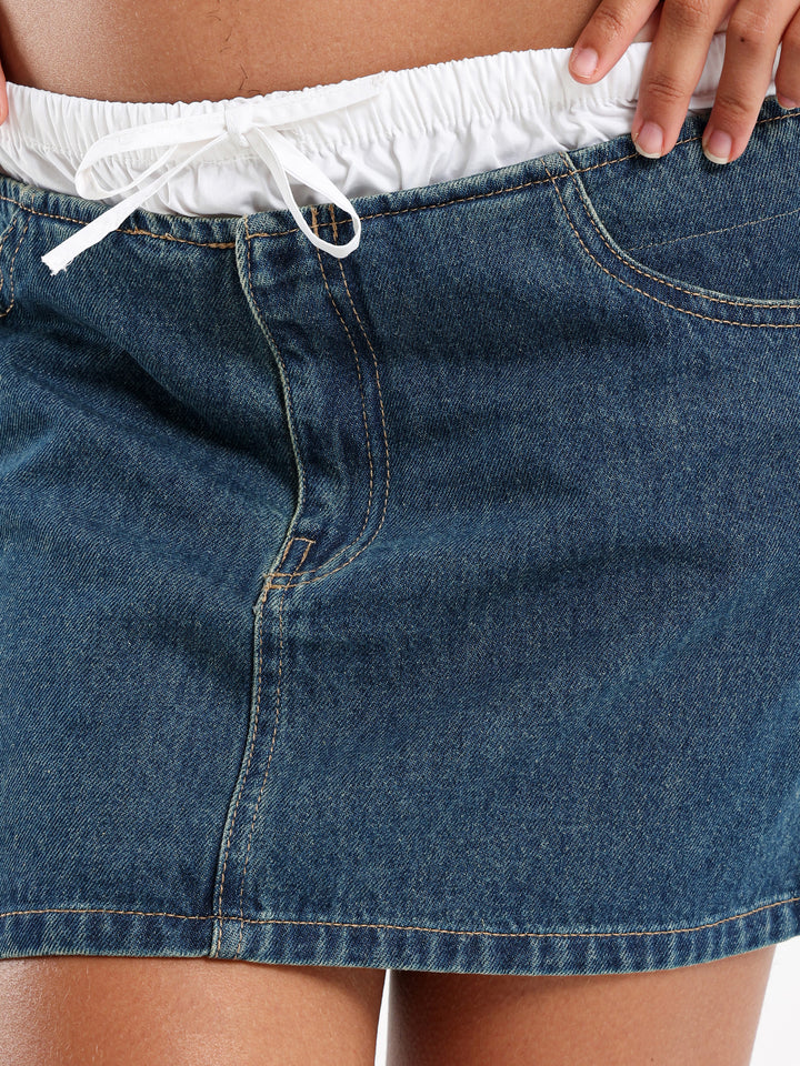 Denim Mini Skirt With Contrast Waistband
