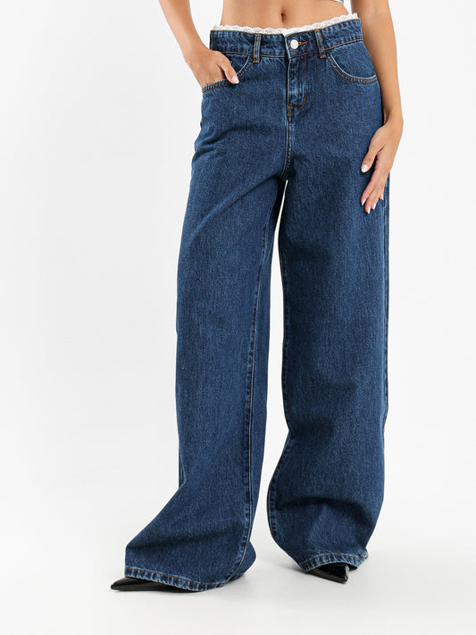Lace Trim Denim Pants
