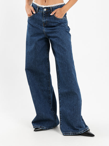 Lace Trim Denim Pants