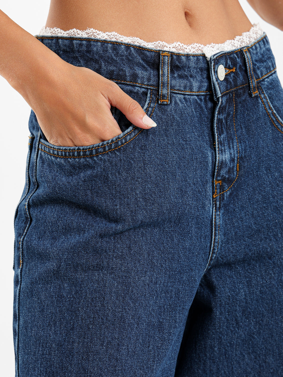 Lace Trim Denim Pants