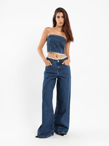 Lace Trim Denim Pants