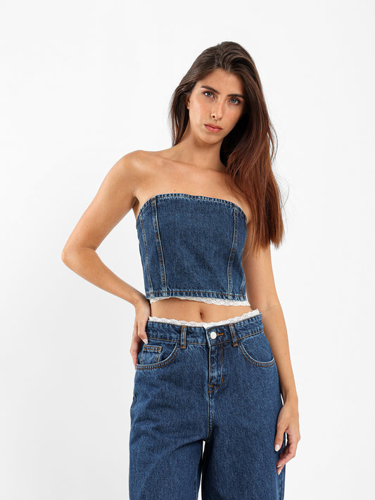Lace Trim Denim Top