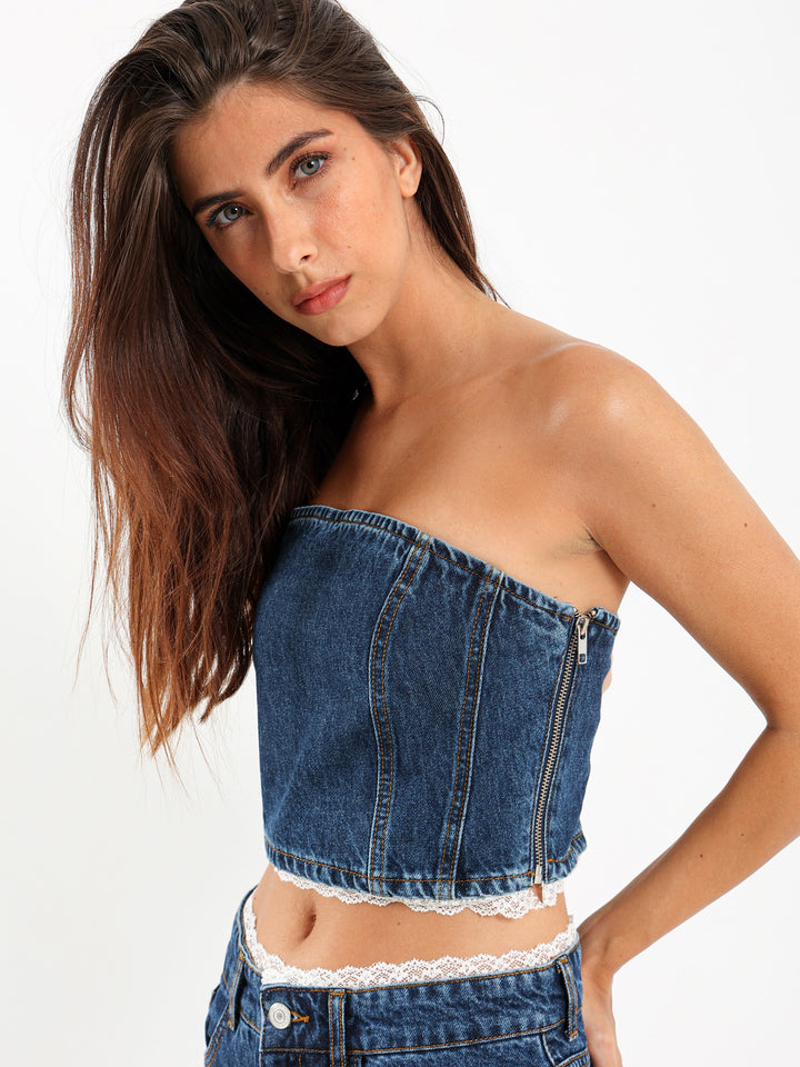 Lace Trim Denim Top