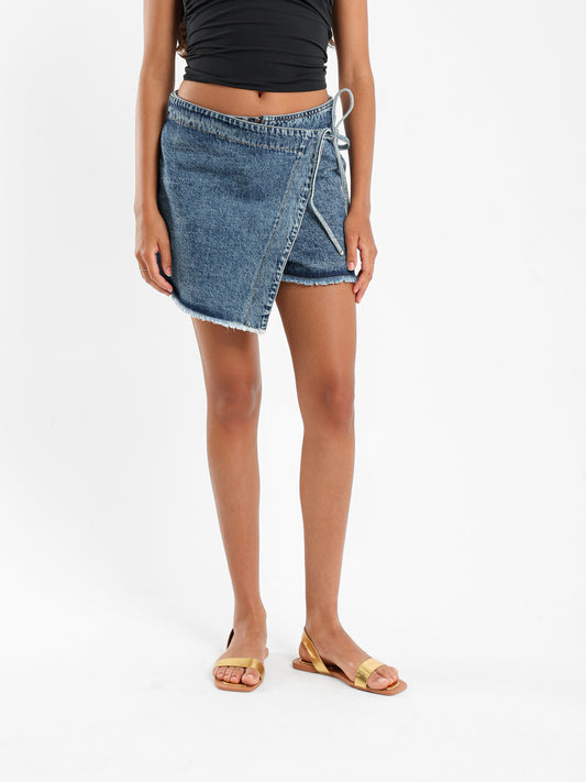 Unfinished Asymmetrical Denim Skort