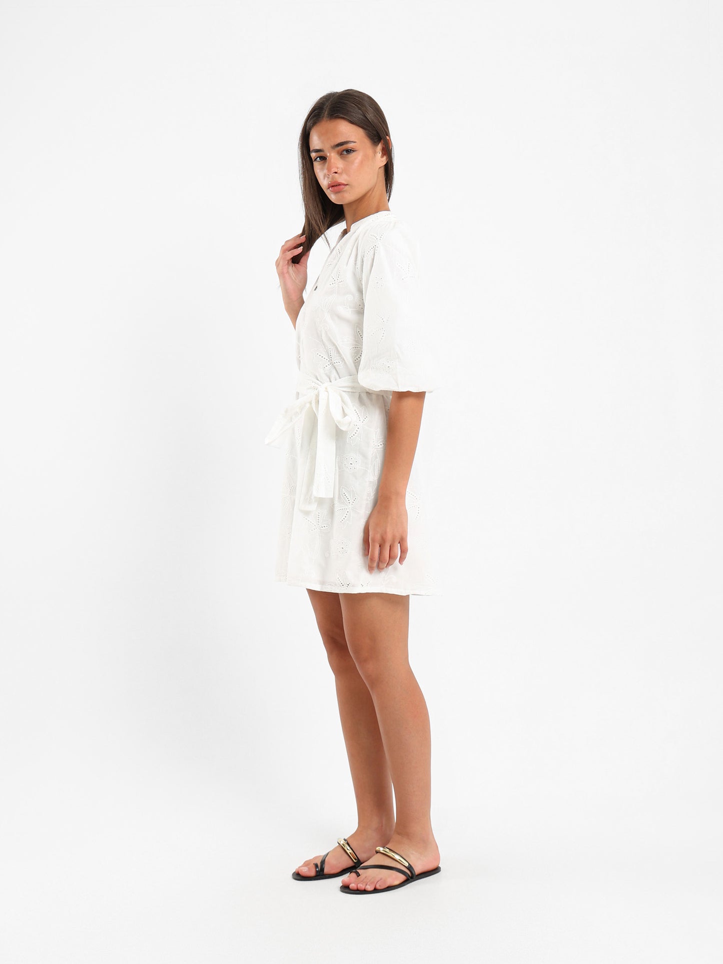 V-Neck Balloon Sleeve Short Dress