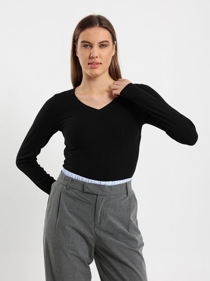 Ribbed Fitted Long Sleeve V-Neck Top