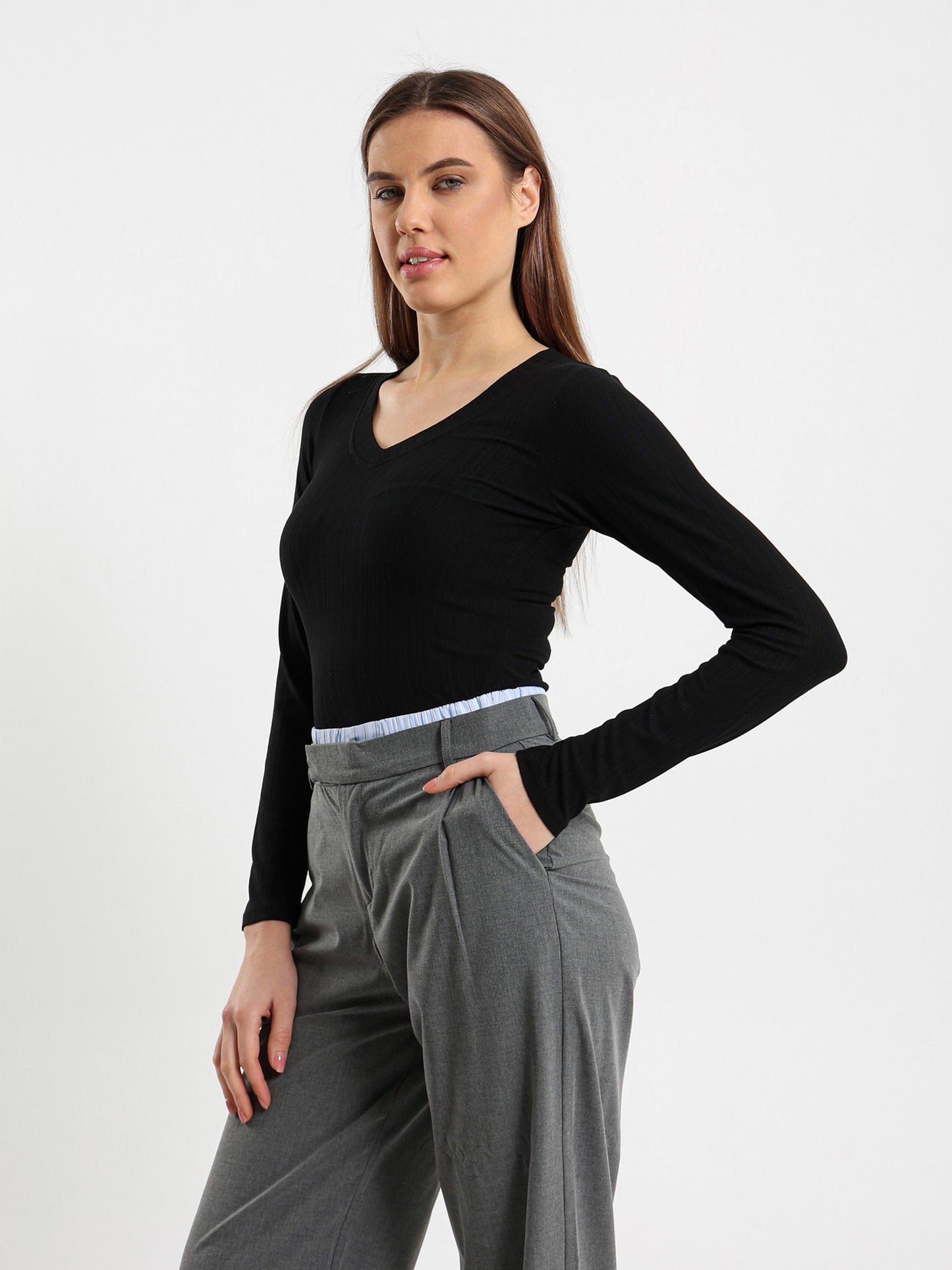 Ribbed Fitted Long Sleeve V-Neck Top