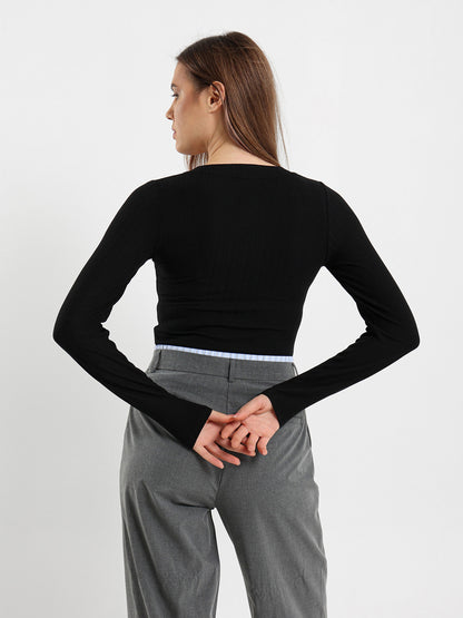 Ribbed Fitted Long Sleeve V-Neck Top
