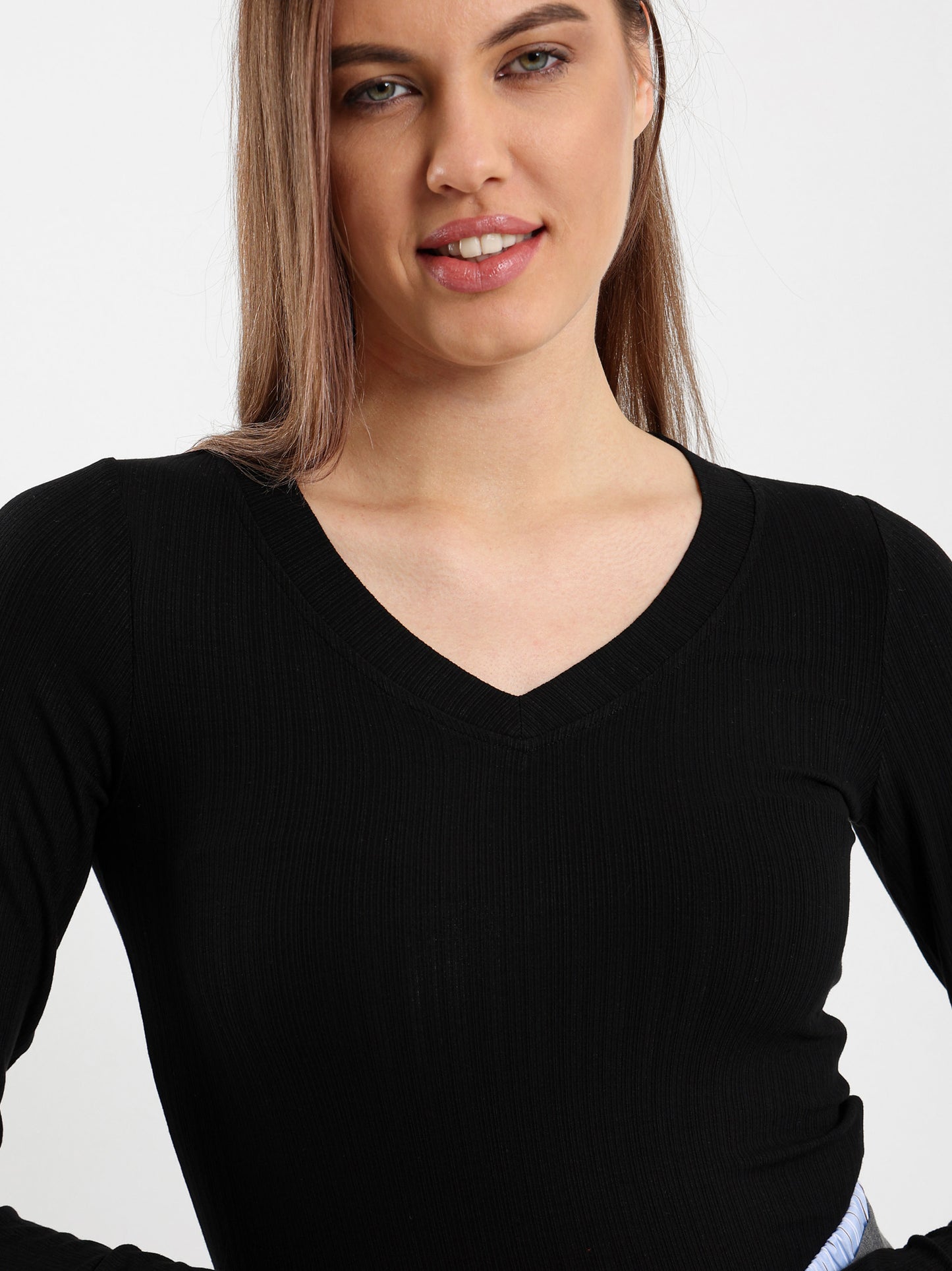 Ribbed Fitted Long Sleeve V-Neck Top