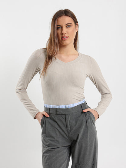 Ribbed Fitted Long Sleeve V-Neck Top