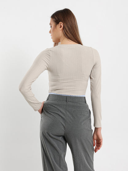 Ribbed Fitted Long Sleeve V-Neck Top