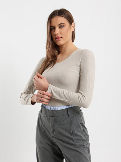 Ribbed Fitted Long Sleeve V-Neck Top
