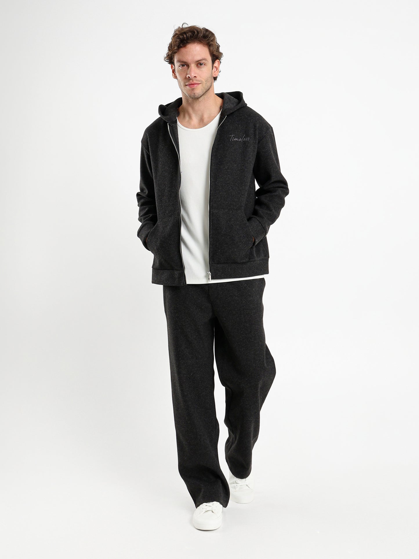 Relaxed Heathered Pants with Minimal Embroidery