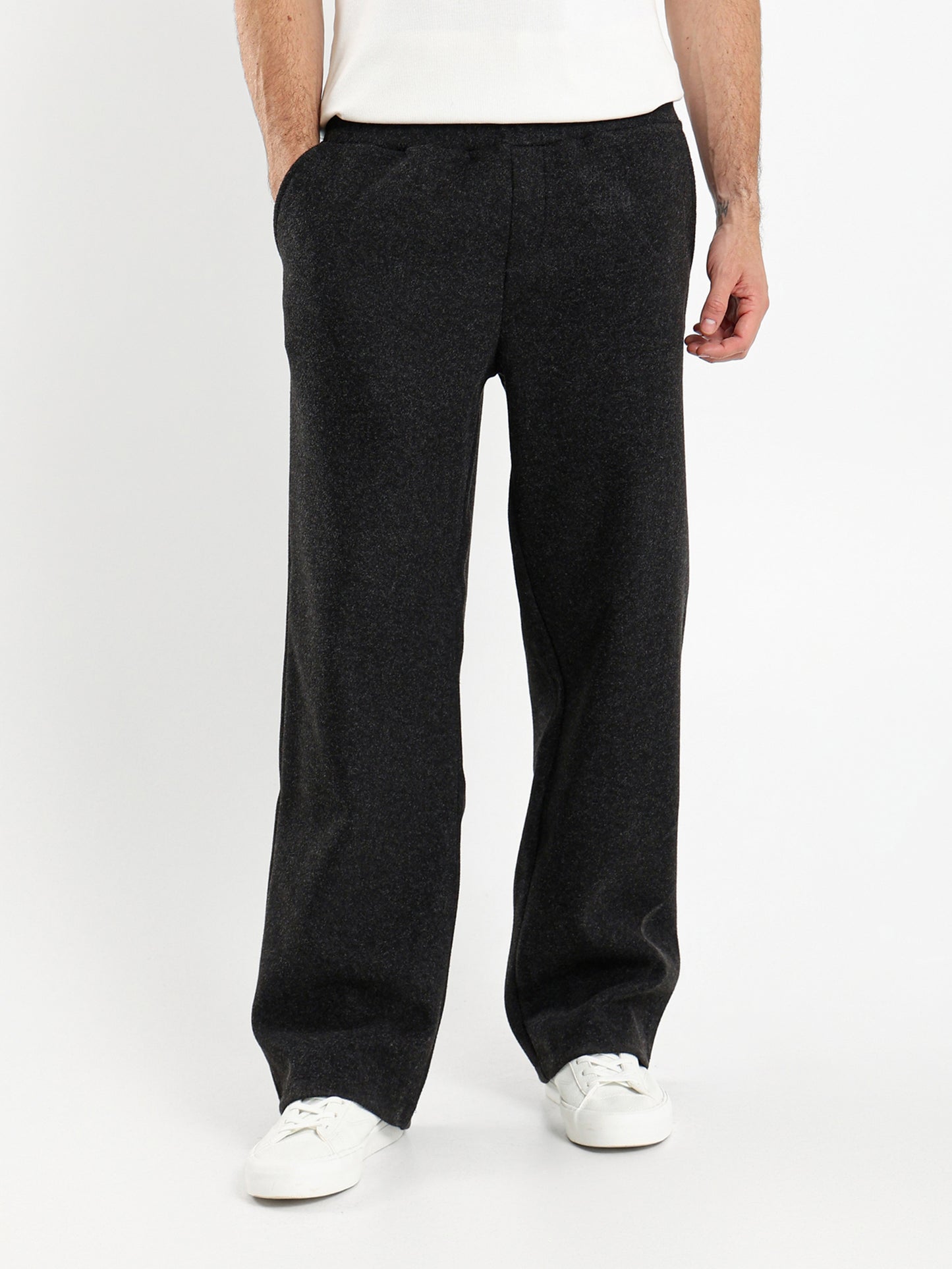 Relaxed Heathered Pants with Minimal Embroidery