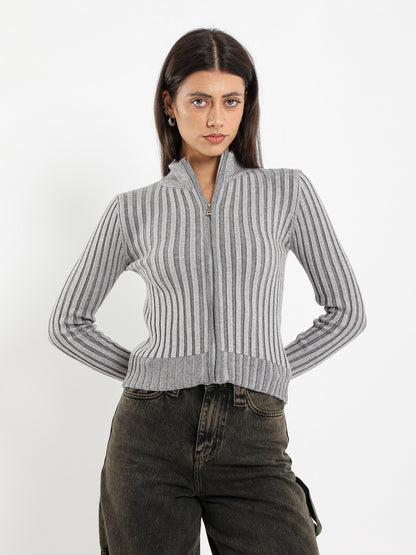 Polo Collared Front Zipper Cardigan