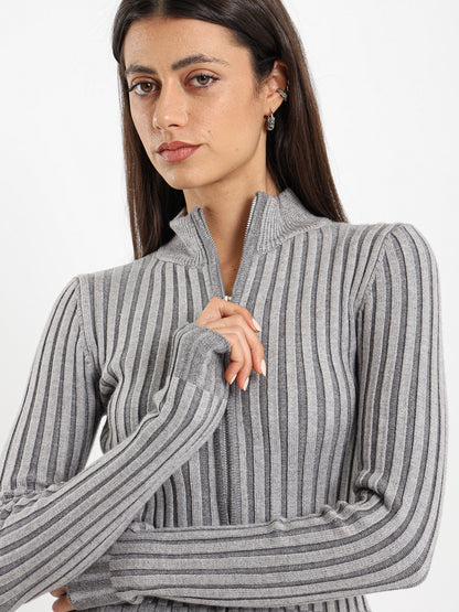 Polo Collared Front Zipper Cardigan