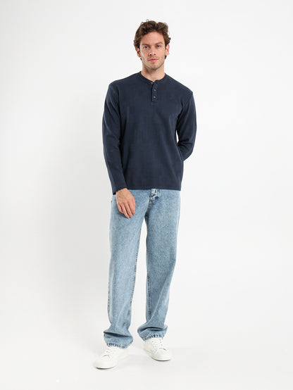 Waffle Grandad Collar Long Sleeve T-Shirt