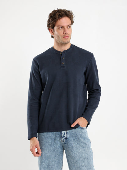 Waffle Grandad Collar Long Sleeve T-Shirt