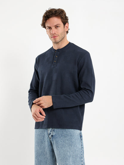 Waffle Grandad Collar Long Sleeve T-Shirt